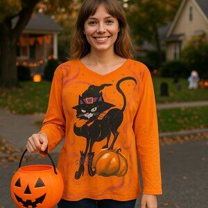 Needy Me Graphic Tee XL Halloween Cat Witch Pumpkin Orange V-Neck Retro Vintage